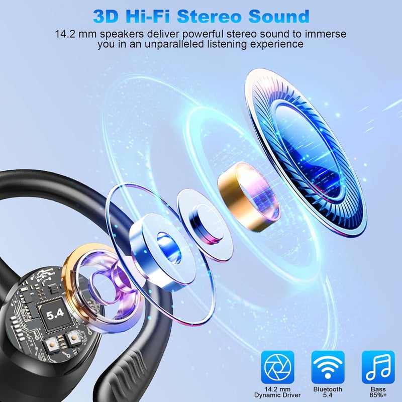 Hupoaf Wireless Earbuds Sport, New Bluetooth 5.4 Headphones with Earhooks, 50H Stereo Deep Bass Over Ear Buds with 4 ENC Noise Canceling Mics, IP7 Waterproof Earphones for Running Workout Gym -Black - Image 2